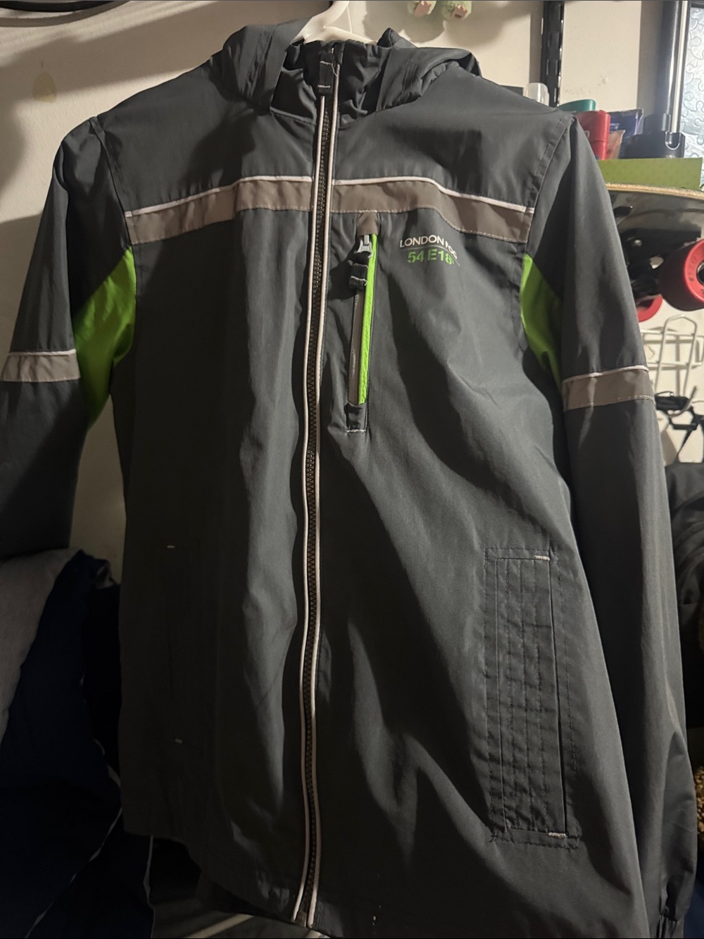 London Fog Kids Black Raincoat with Neon Green Accents